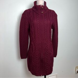 Original Aran Co 100% Merino Will Cable Knit Sweater Coat Burgundy NWOT Size L